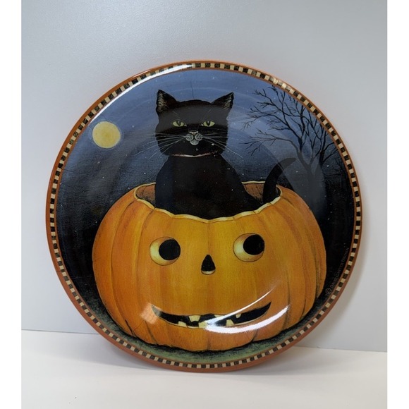 Sakura Other - Vintage Melamine Halloween Black Cat Pumpkin Jack o Lantern Plate 9" Set Of 3